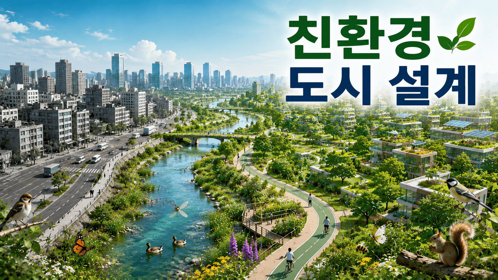 자연형 하천과 녹지축, 도시 숲이 연결된 친환경 도시 설계 원칙을 보여주는 미래형 도시 이미지.