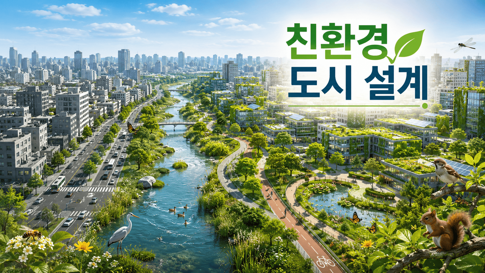 도시 하천과 녹지축, 공원, 친환경 건물이 조화를 이루는 미래형 친환경 도시 전경