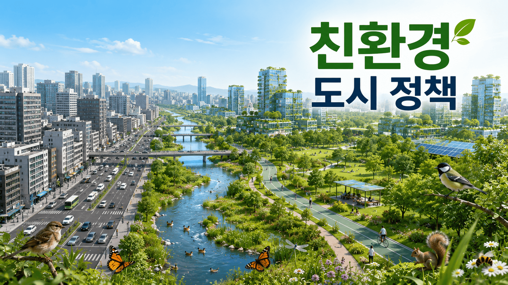도시의 일반 개발 지역과 친환경 녹지 도시 공간을 비교하며 지속 가능한 도시 정책의 중요성을 보여주는 이미지.