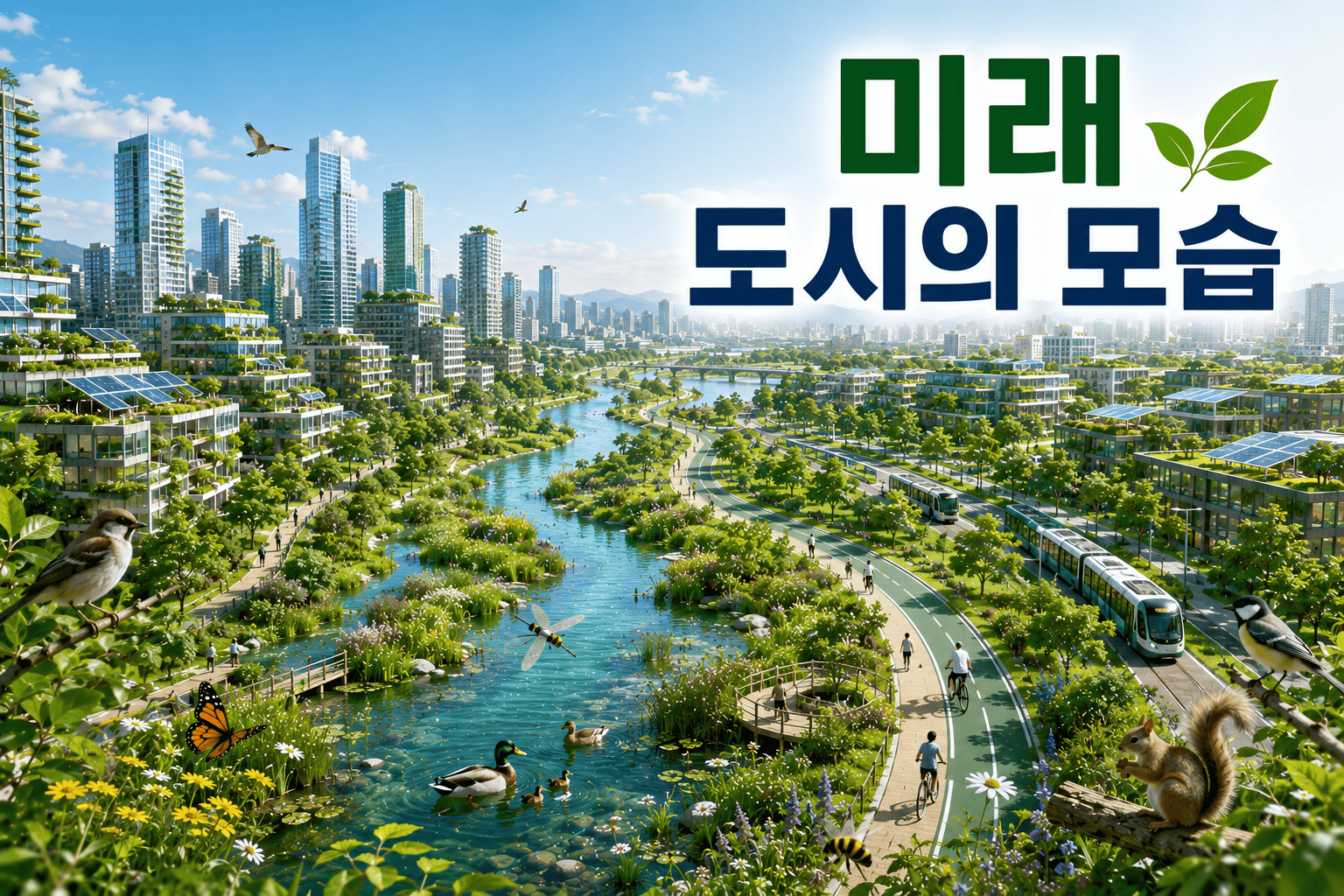 자연형 하천과 도시 숲, 친환경 건축물이 조화를 이루는 지속 가능한 미래 도시를 표현한 이미지.