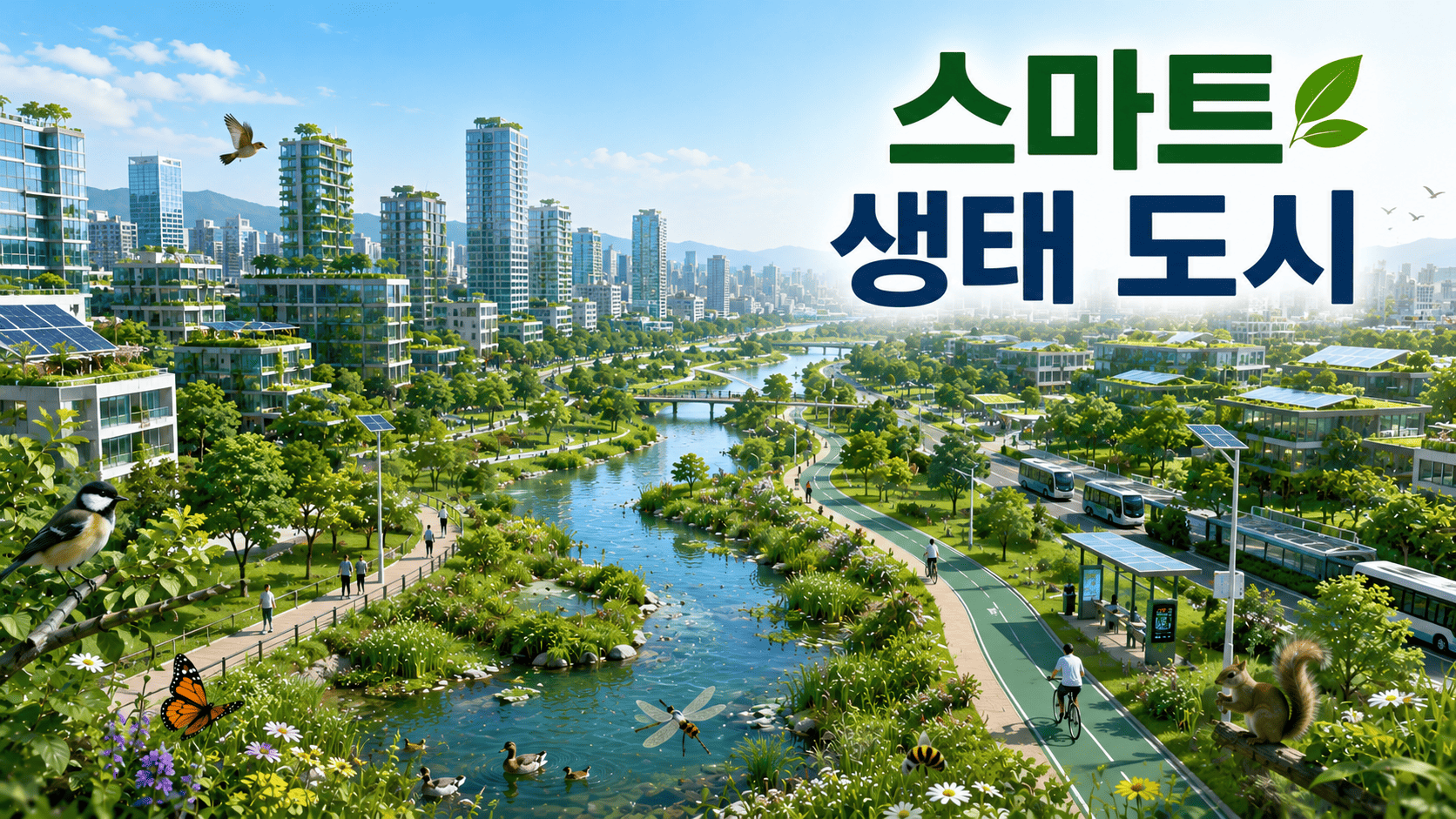 도시 숲과 하천, 친환경 건축물, 스마트 인프라가 조화를 이루는 미래형 스마트 생태 도시를 표현한 이미지.