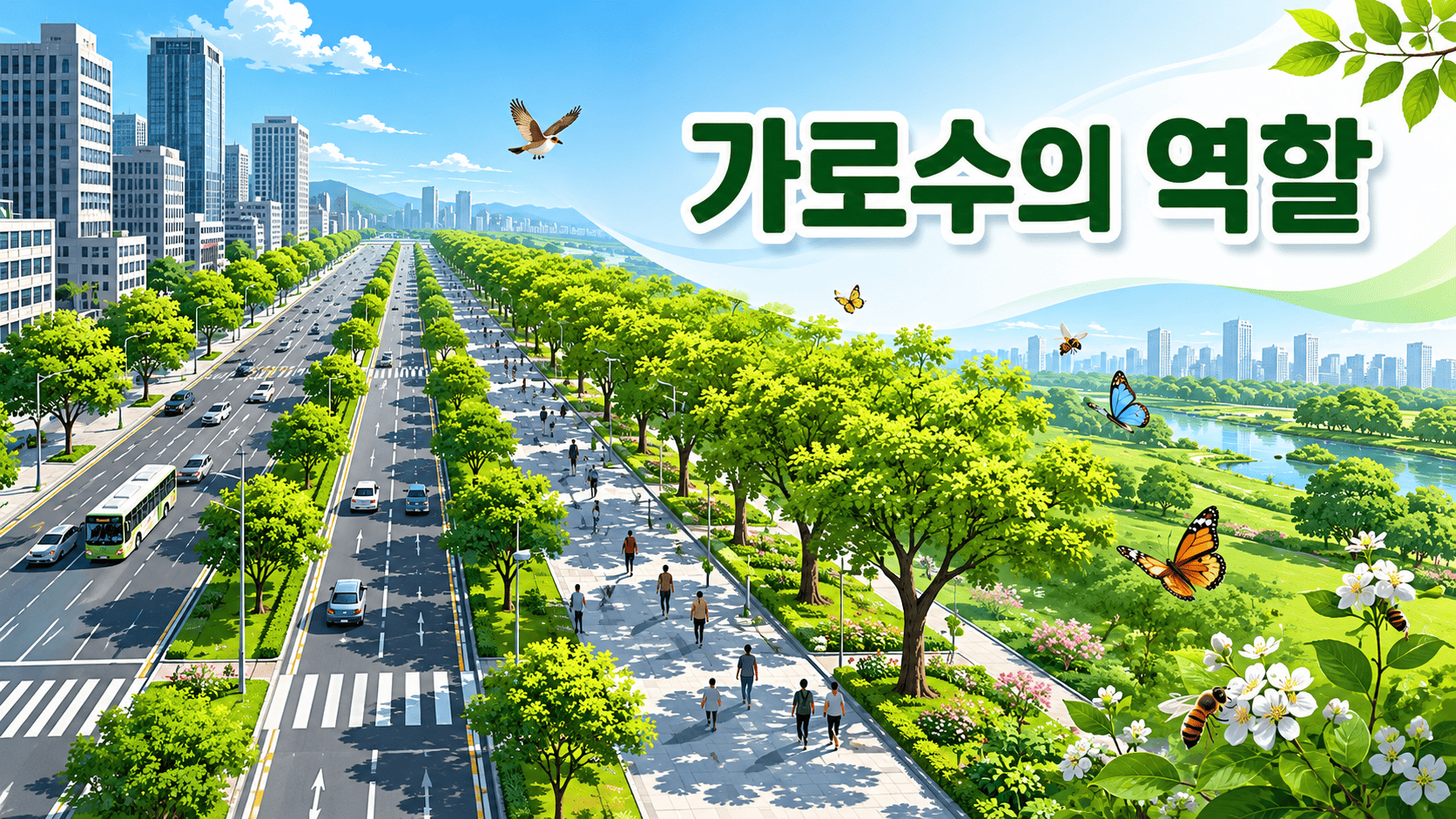 도시 도로를 따라 늘어선 가로수와 다양한 생물이 함께 어우러진 도시 생태계 모습을 표현한 이미지
