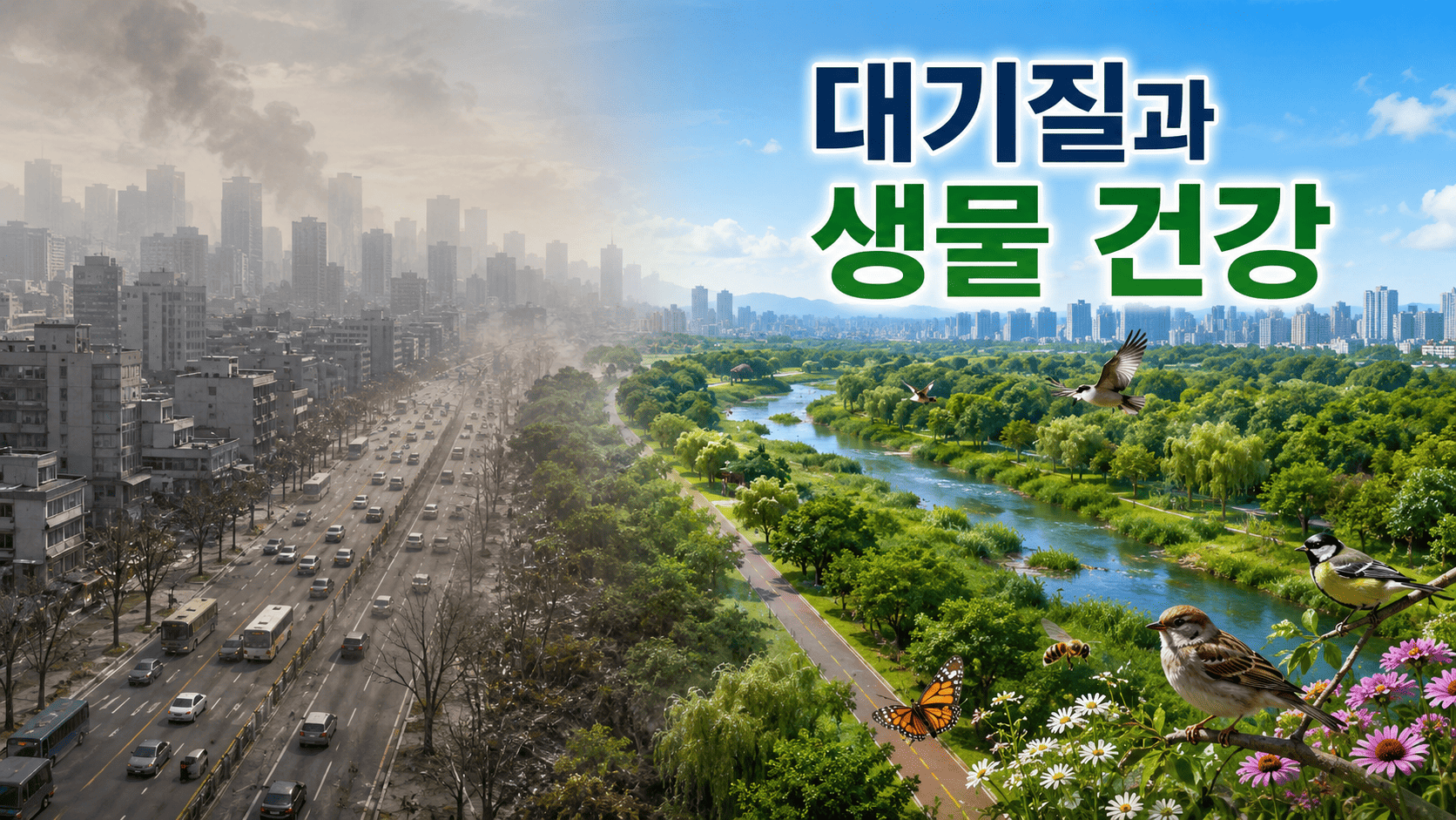 도시의 공기 상태에 따라 녹지와 다양한 생물의 건강 상태가 달라지는 모습을 비교하여 표현한 환경 교육용 이미지.
