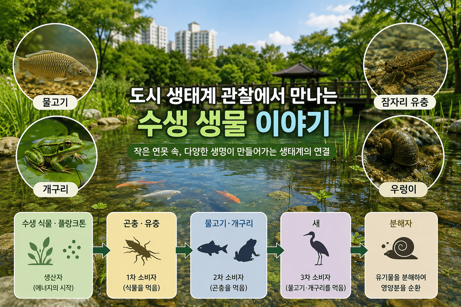 도시 공원 연못에서 물고기와 개구리, 수서곤충이 함께 살아가는 수생 생태계를 표현한 교육용 대표 이미지