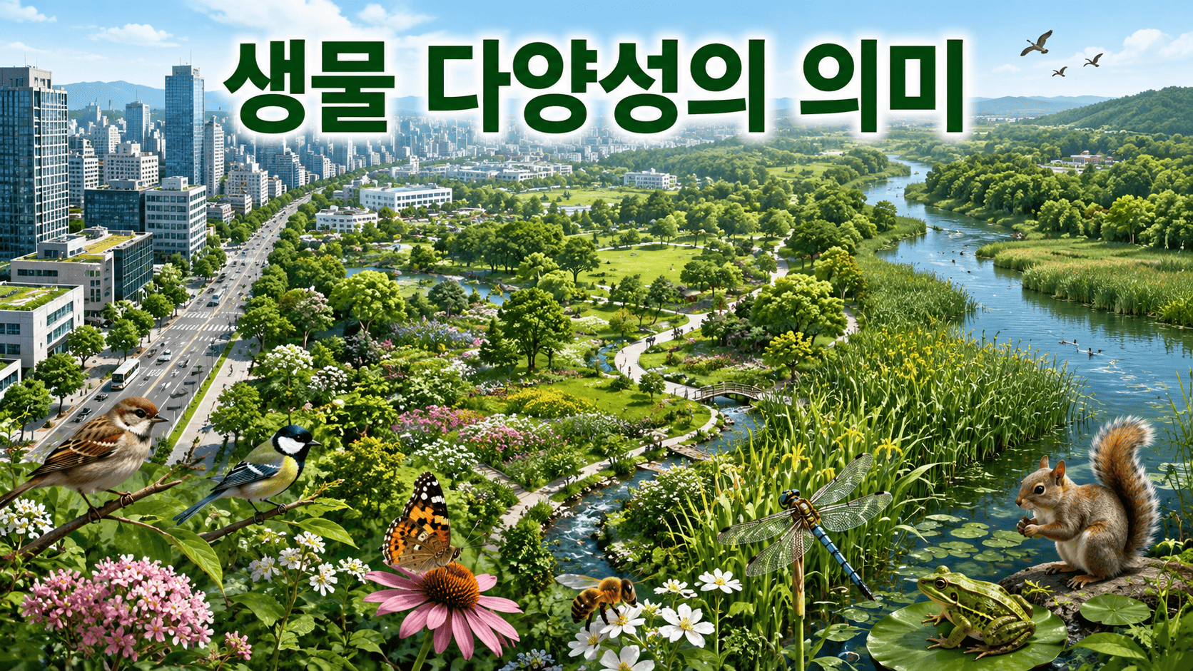 도시 공원과 하천, 녹지 공간에 다양한 동식물이 공존하며 생물 다양성을 보여주는 도시 생태계 풍경