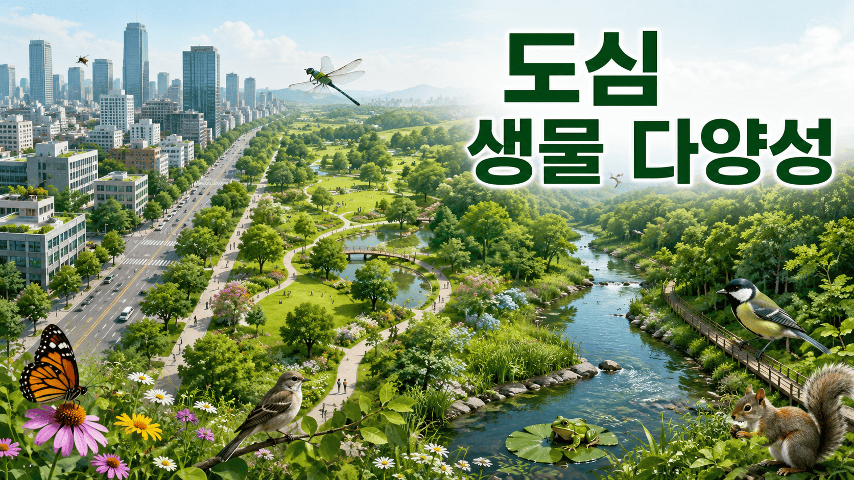 도심 공원과 하천, 도시 숲이 연결된 공간에서 다양한 동식물이 함께 살아가는 도시 생태계를 표현한 이미지