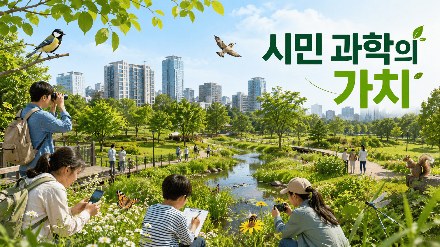 도시 공원에서 시민들이 새와 곤충을 관찰하며 생태 데이터를 기록하는 시민 과학 활동 모습.