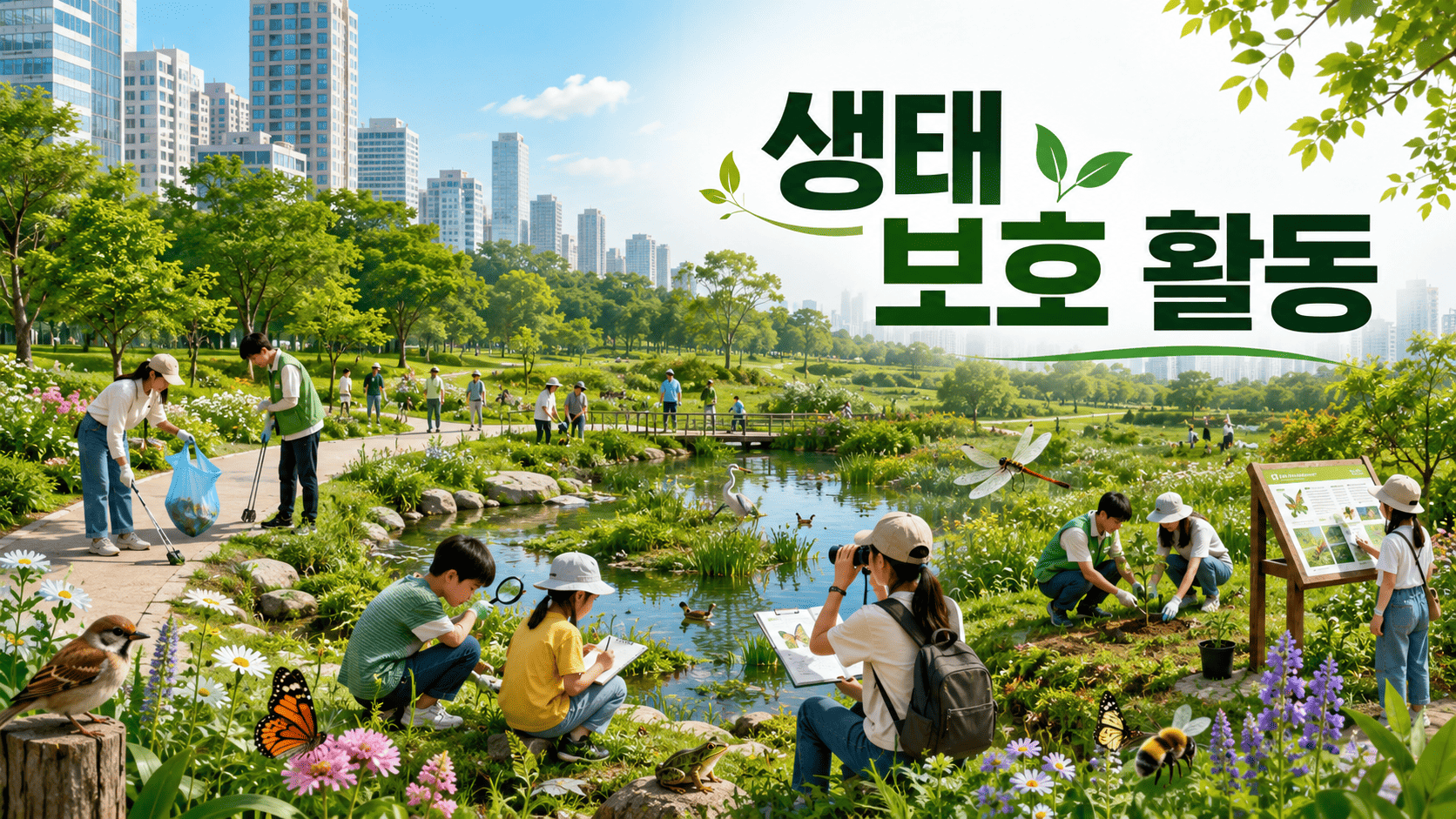 도시 공원에서 시민들이 생물 관찰과 환경 정화 활동에 참여하며 생태계를 보호하는 모습을 담은 이미지