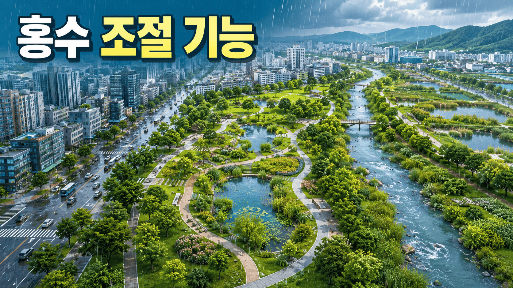 도시 공원과 습지, 하천이 빗물을 흡수하고 저장하며 홍수를 완화하는 모습을 표현한 도시 생태계 이미지