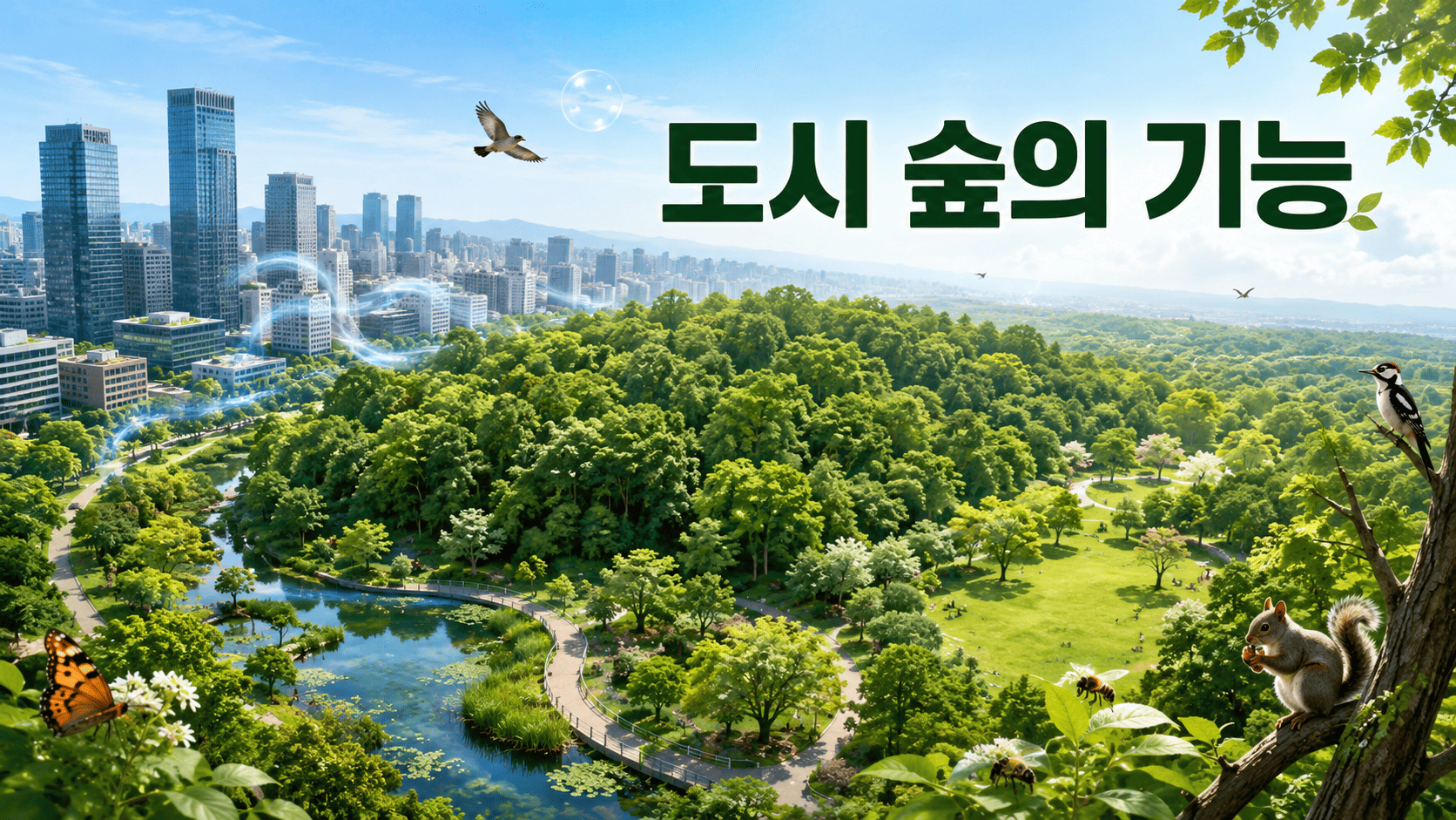 도심의 건물과 울창한 도시 숲이 조화를 이루며 다양한 생물이 서식하는 도시 생태계를 표현한 이미지