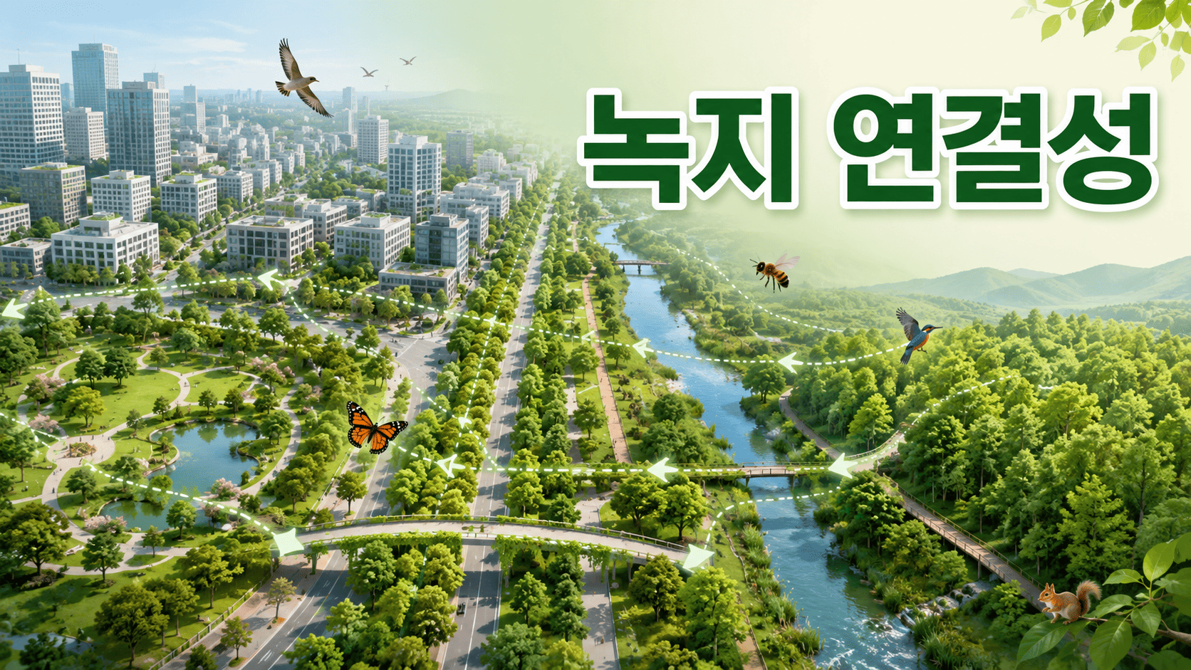 도시 공원과 가로수길, 하천 녹지, 도시 숲이 하나의 녹지 네트워크로 연결된 모습을 표현한 이미지