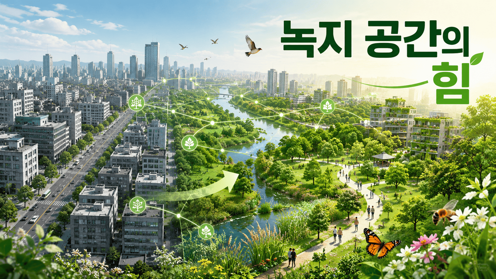 도시 중심부와 녹지 공간이 연결된 모습을 통해 도시 생태계와 녹지 확대 효과를 표현한 대표 이미지