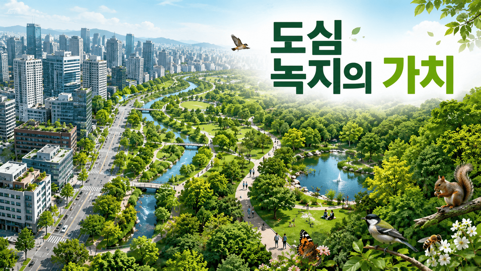 도시 건물과 넓은 공원, 도시 숲이 조화를 이루며 다양한 생물이 서식하는 도심 녹지 공간을 표현한 이미지
