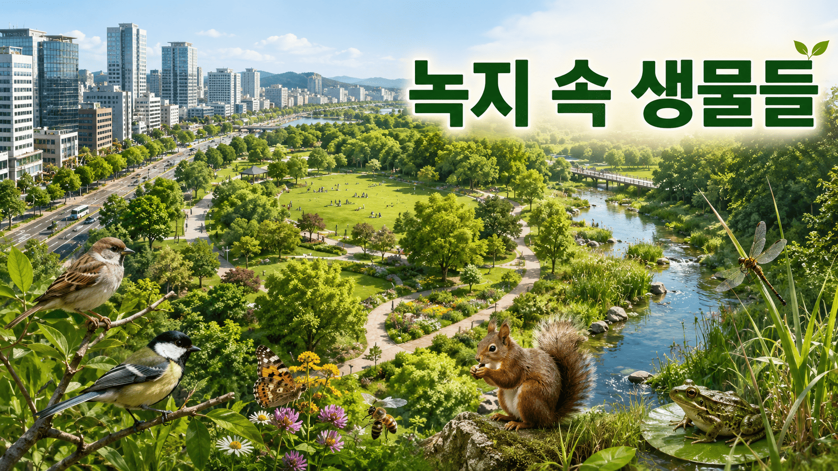 도시 공원과 하천 주변 녹지 공간에서 새와 곤충, 다람쥐 등이 함께 살아가는 모습을 표현한 도시 생태계 이미지