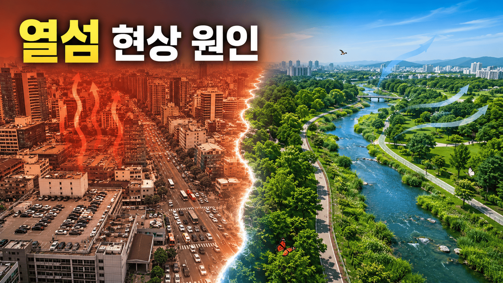 도심의 아스팔트와 건물이 많은 지역과 녹지와 하천이 풍부한 지역을 비교하며 열섬 현상의 원인을 설명하는 이미지