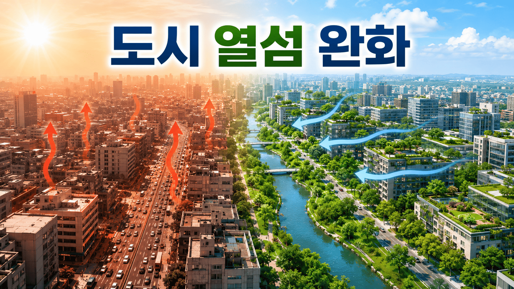 도심의 뜨거운 아스팔트 지역과 녹지·하천이 연결된 시원한 도시 공간을 비교해 도시 열섬 완화 효과를 보여주는 이미지