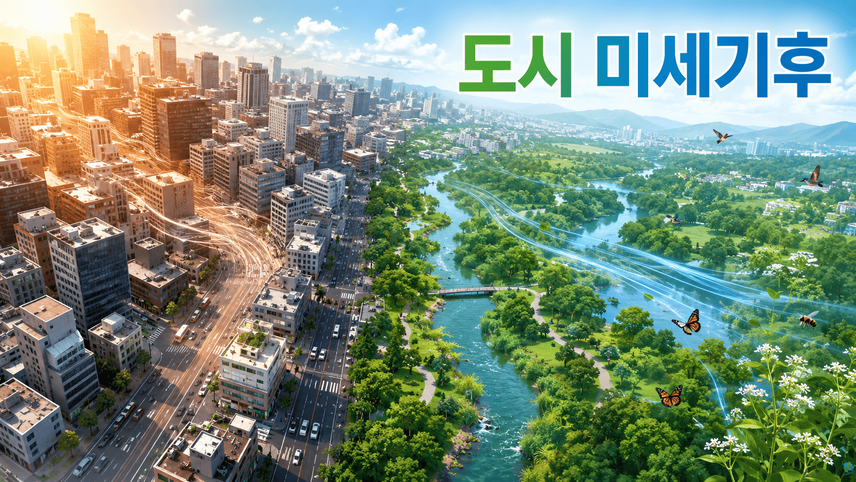 도시의 건물 밀집 지역과 녹지 공간을 비교하며 미세기후 변화를 보여주는 항공 시점 일러스트