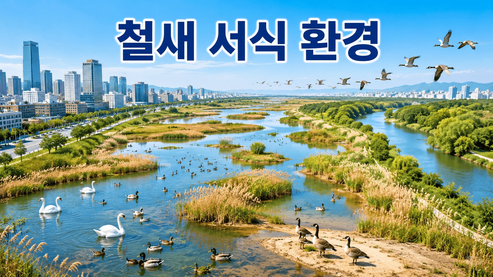 도시 습지와 하천 주변에서 다양한 철새가 휴식하고 이동하는 모습을 표현한 생태 환경 일러스트