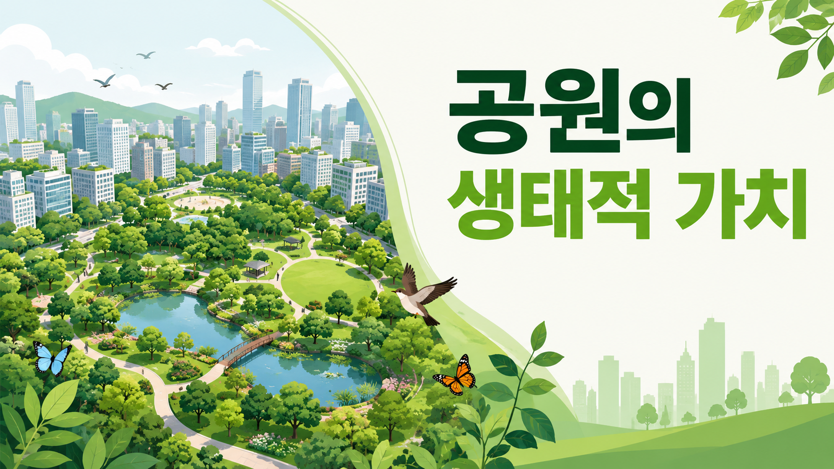 도시 건물 사이에 조성된 넓은 공원과 다양한 생물 요소를 통해 도시 생태계의 중요성을 표현한 이미지