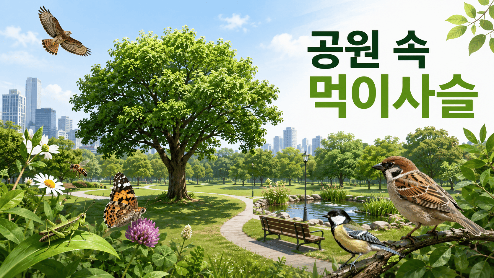 도시 공원에서 식물과 곤충, 새들이 자연스럽게 연결된 먹이사슬 구조를 보여주는 교육용 대표 이미지