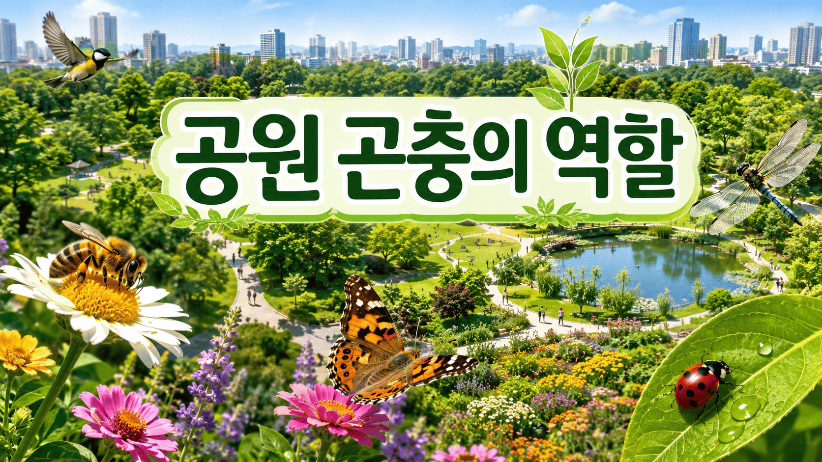 도시 공원에서 벌과 나비, 잠자리 등이 활동하며 생태계 역할을 보여주는 교육용 대표 이미지