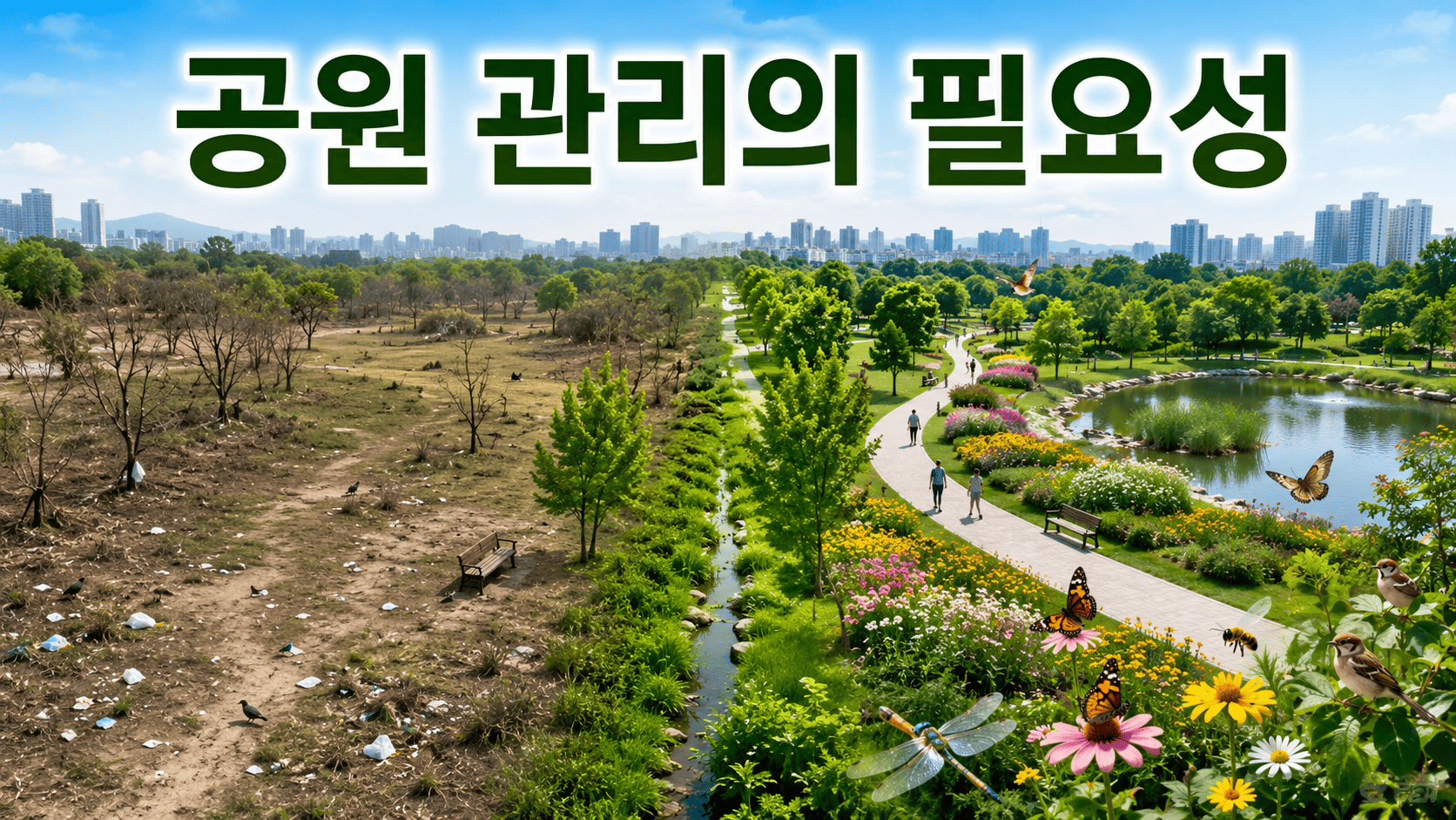 관리가 부족한 공원과 체계적으로 관리된 공원을 비교하며 도시 생태계와 공원 관리의 중요성을 보여주는 이미지
