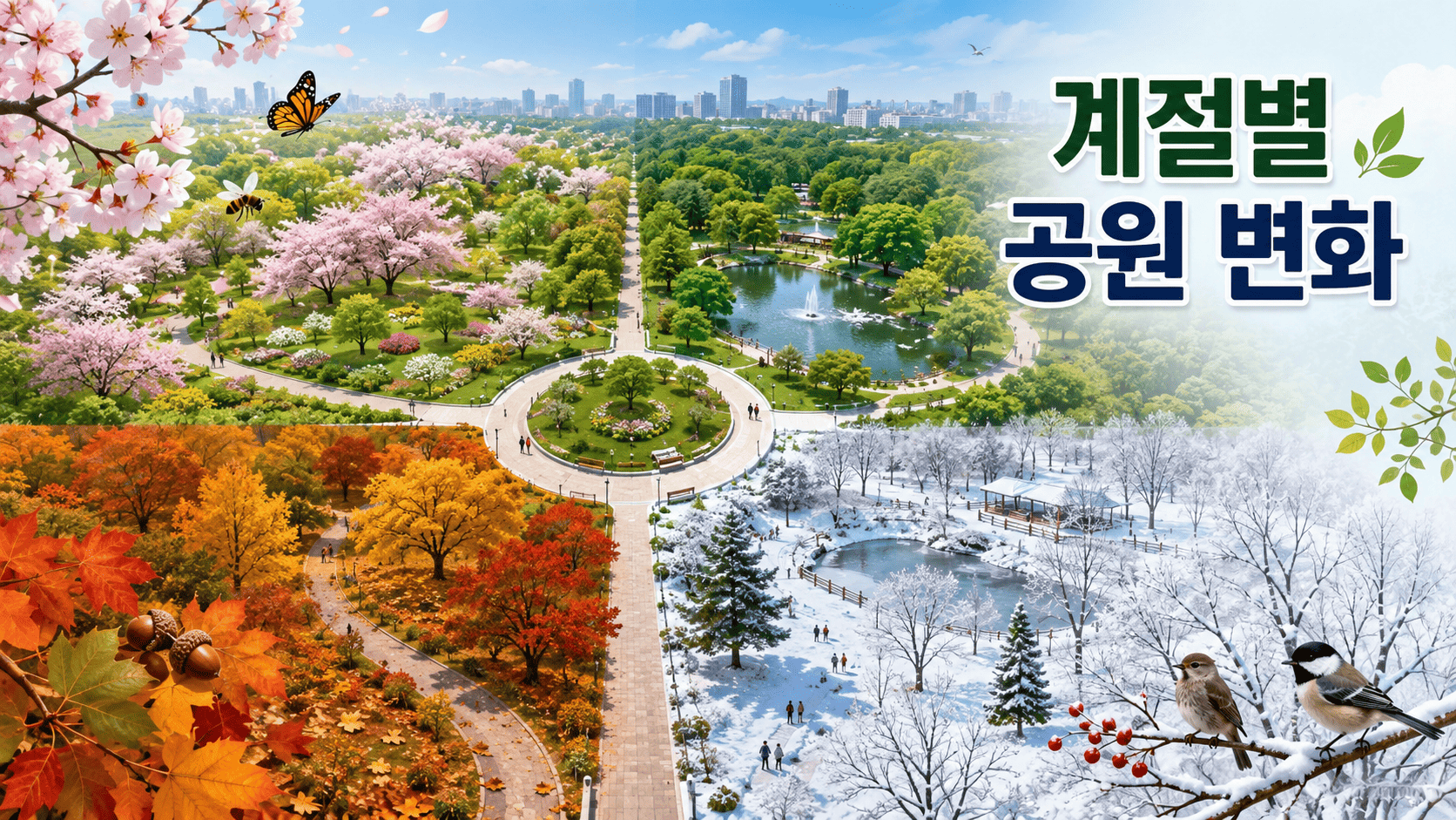 사계절 변화가 한눈에 보이는 도시 공원을 위에서 내려다본 교육용 일러스트 이미지.