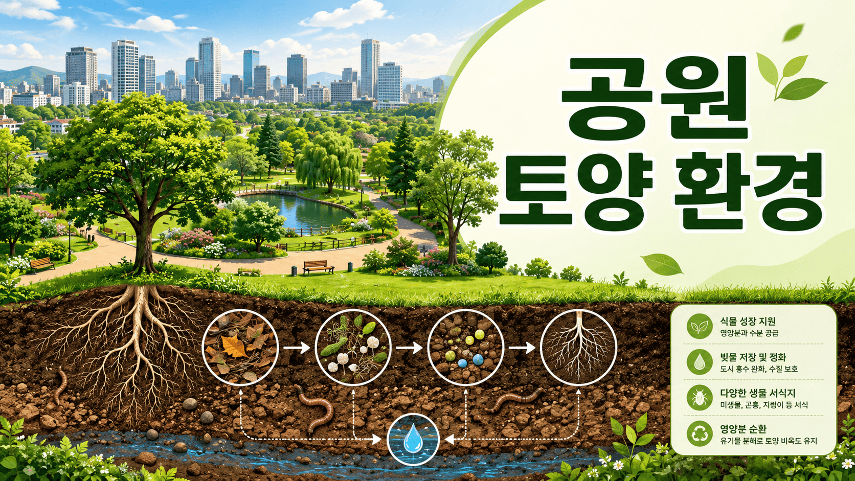 도시 공원의 지상 공간과 토양 단면이 함께 표현되어 공원 토양의 구조와 생태 기능을 보여주는 교육용 대표 이미지