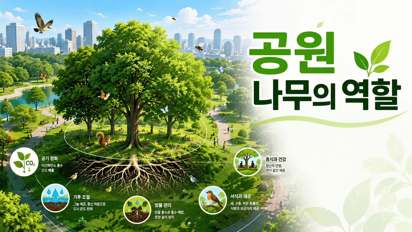도심 공원 중앙의 큰 나무와 다양한 생물이 함께 어우러진 도시 생태계 모습을 표현한 대표 이미지