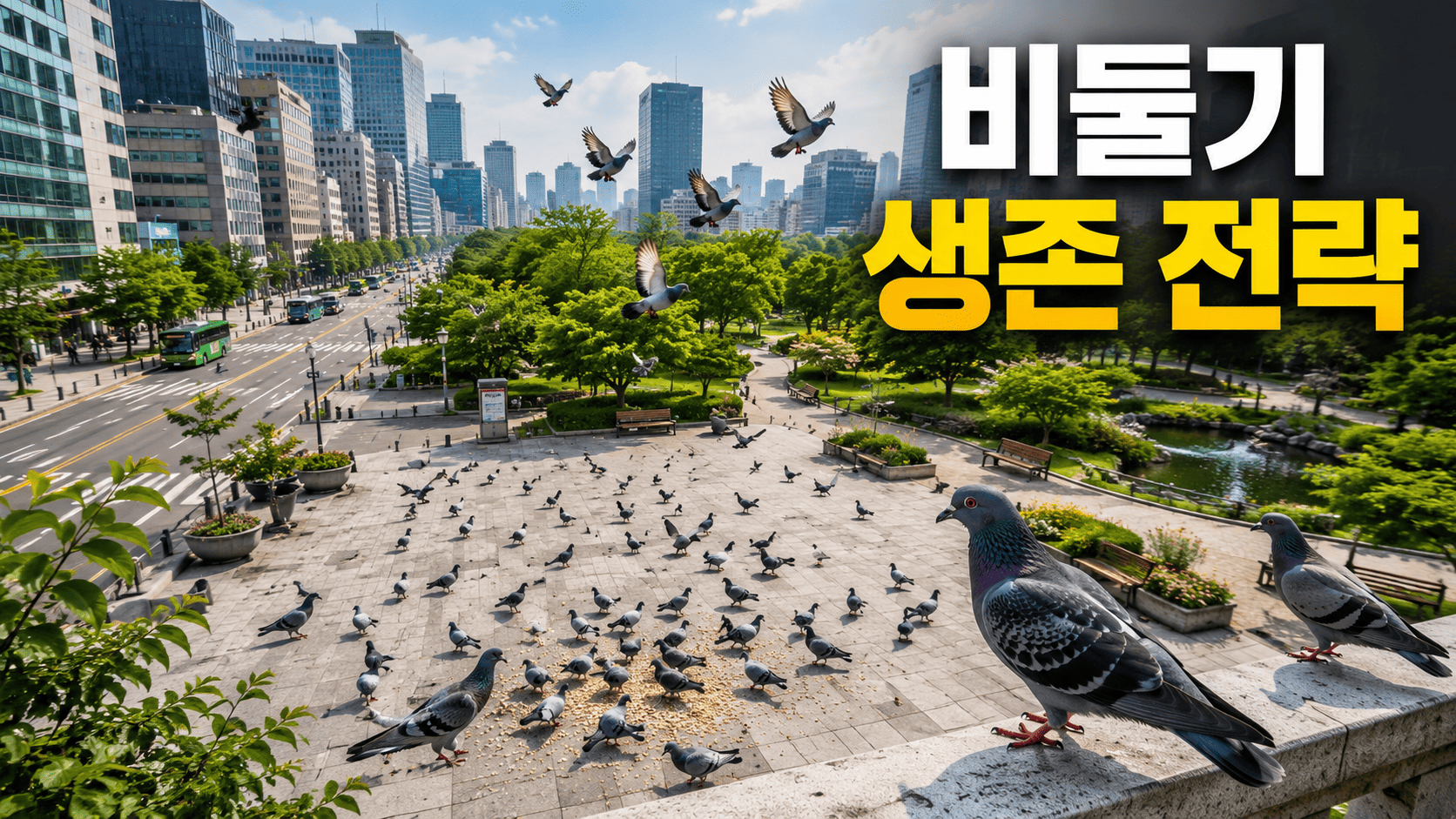 도시 공원과 광장 주변에서 무리 생활을 하며 생존하는 비둘기들의 모습을 표현한 생태 교육용 이미지