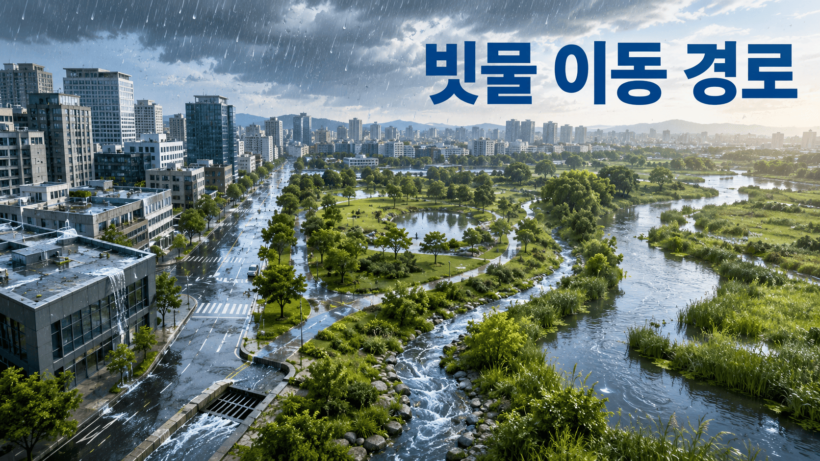 도시의 건물과 공원, 하천을 따라 빗물이 이동하는 과정을 보여주는 도시 생태계 일러스트