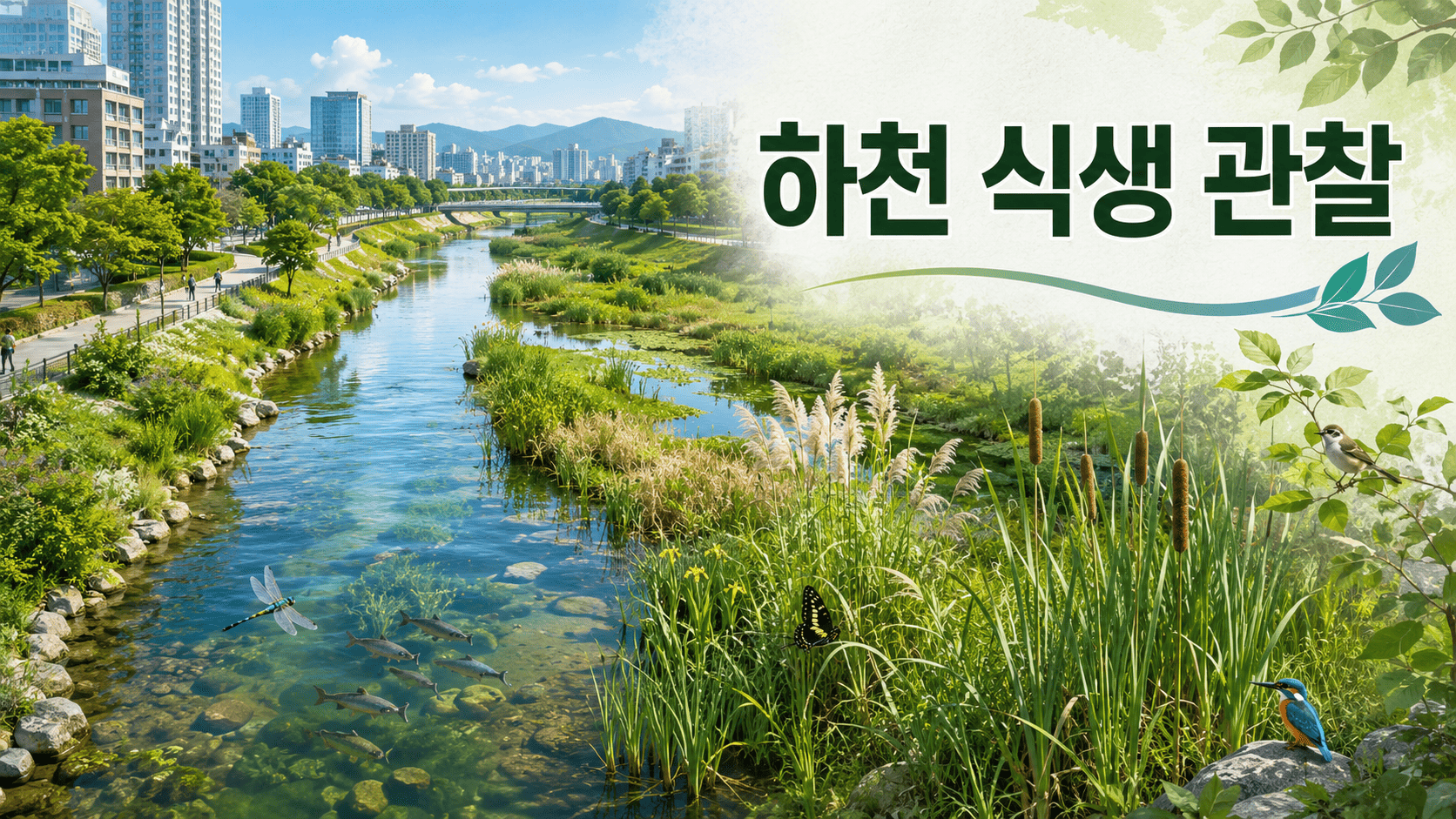 도심 하천 주변에 갈대와 부들 등 다양한 하천 식생이 자라고 있는 모습을 항공 시점으로 표현한 교육용 대표 이미지