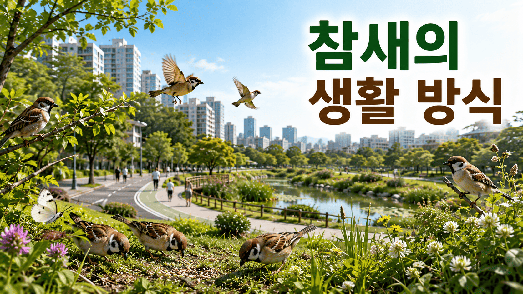 도시 공원과 가로수길에서 먹이를 찾고 휴식하는 참새들의 다양한 생활 모습을 담은 이미지.