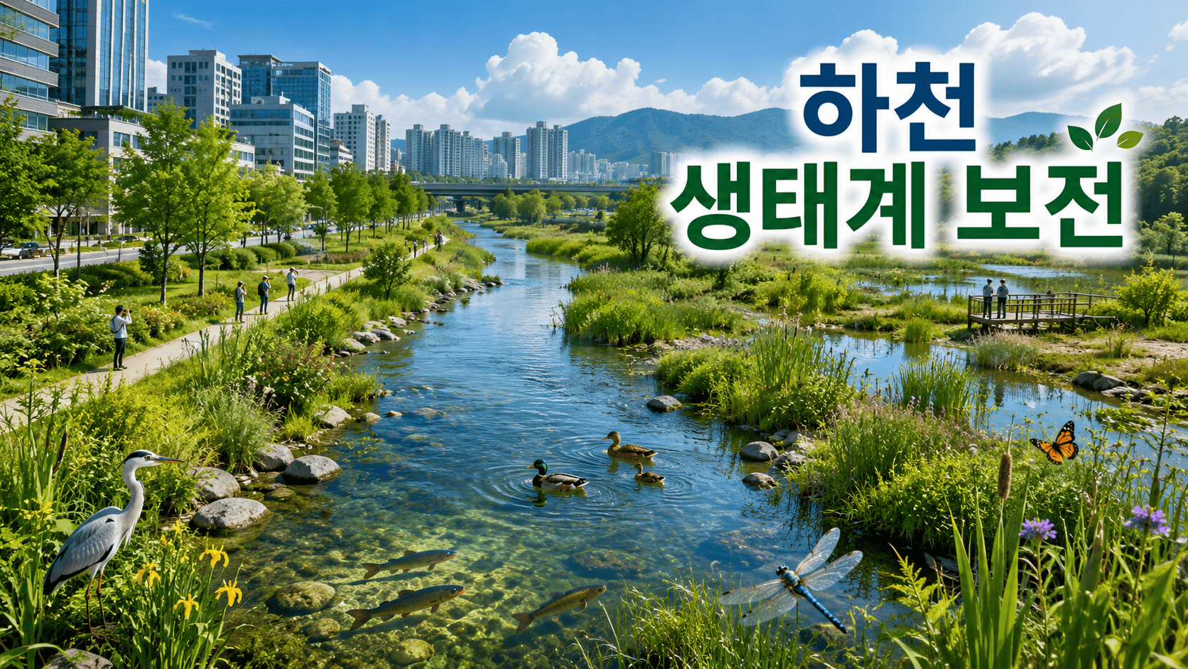 도시 하천과 습지, 다양한 생물이 공존하는 건강한 하천 생태계를 표현한 환경 교육용 이미지