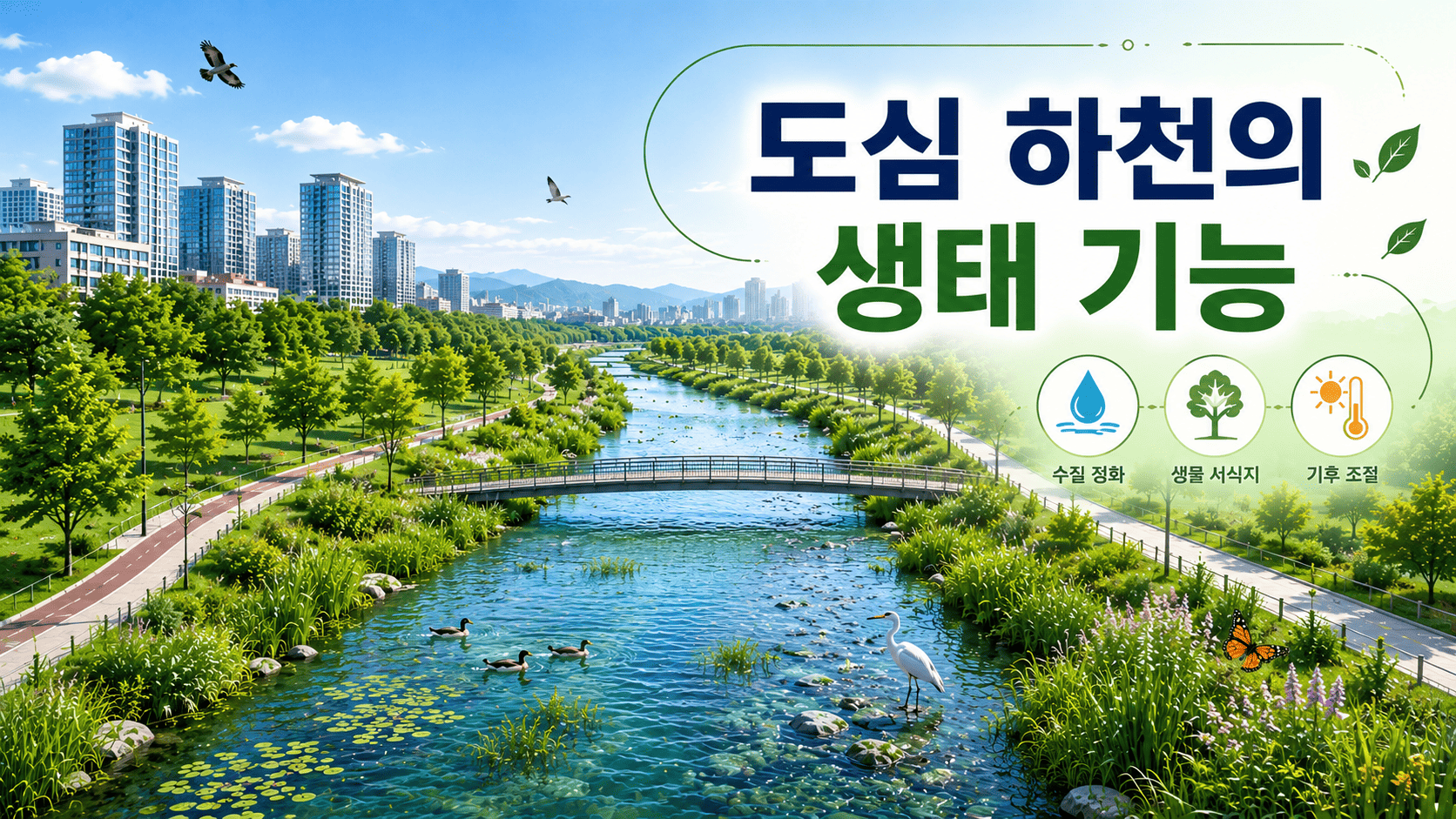 도심 하천을 중심으로 공원과 건물이 조화를 이루며 다양한 생물이 서식하는 도시 생태계 모습을 표현한 이미지