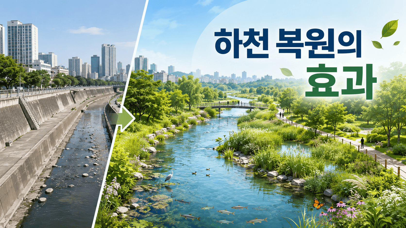 도심 하천 복원 전후 모습을 비교하며 생태계 회복 효과를 보여주는 교육용 대표 이미지