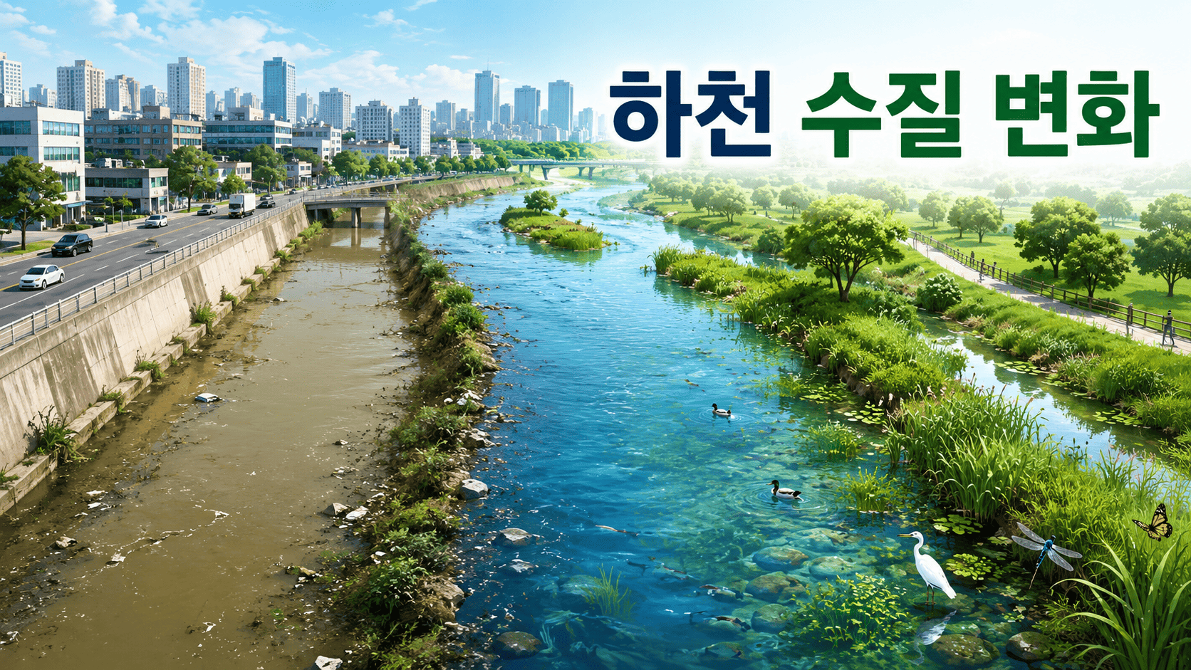 도심 하천의 수질 차이와 생태계 변화를 비교하여 보여주는 교육용 일러스트 이미지