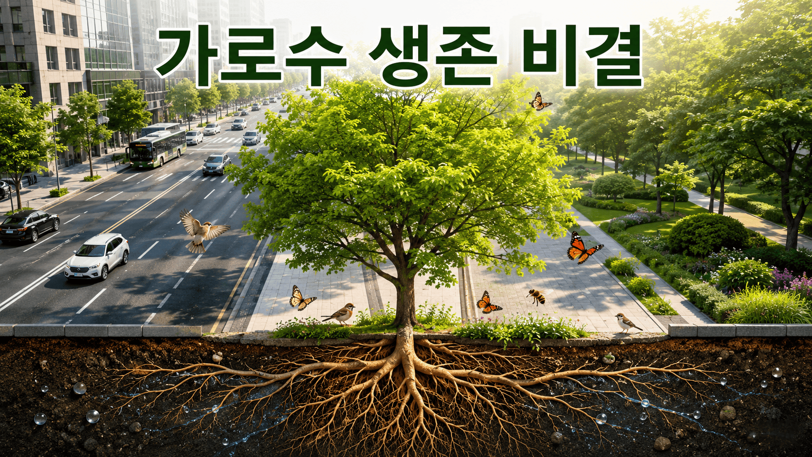 도시 거리의 건강한 가로수와 뿌리 구조, 주변 생물들이 함께 표현된 도시 생태계 관찰 이미지.