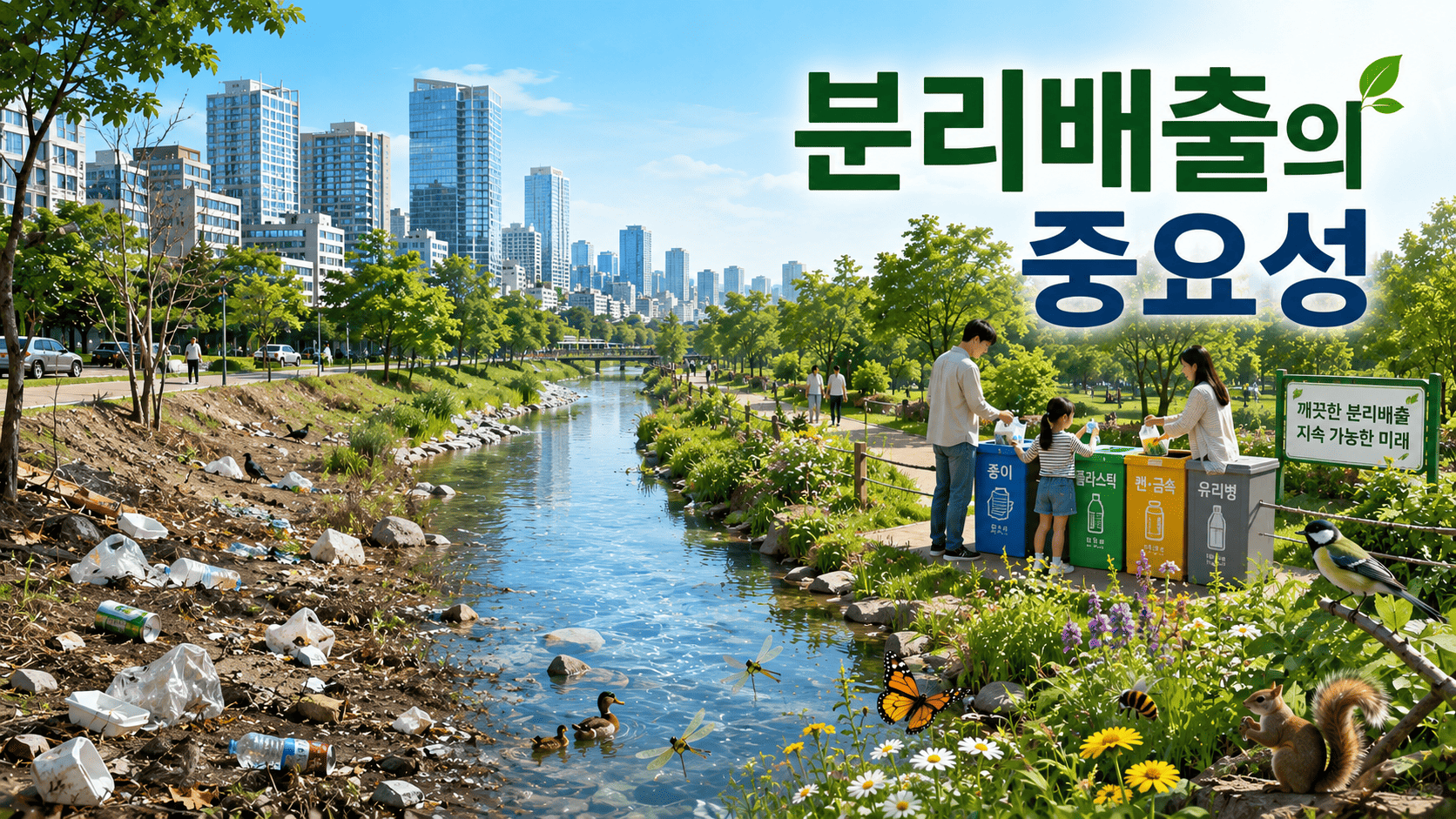 도시 공원과 하천을 배경으로 분리배출 실천 전후의 환경 차이와 건강한 도시 생태계를 보여주는 이미지.