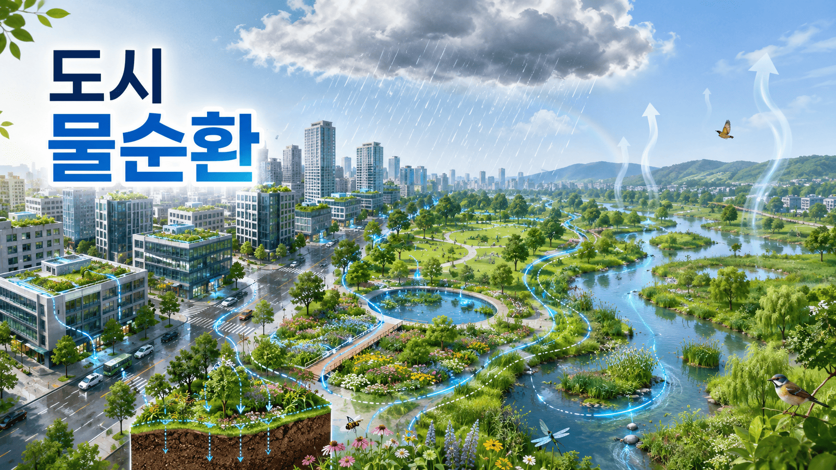 도시 공원과 하천, 습지를 중심으로 빗물의 이동과 증발 과정을 표현한 도시 물순환 일러스트