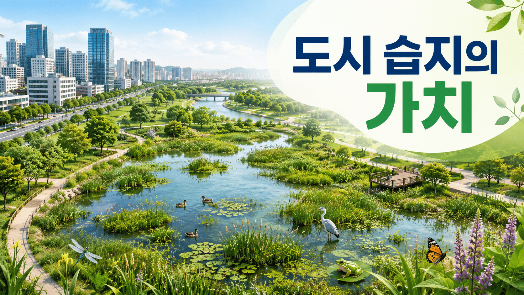 도심 공원과 연결된 습지에서 다양한 생물이 서식하며 도시와 자연이 공존하는 모습을 표현한 이미지