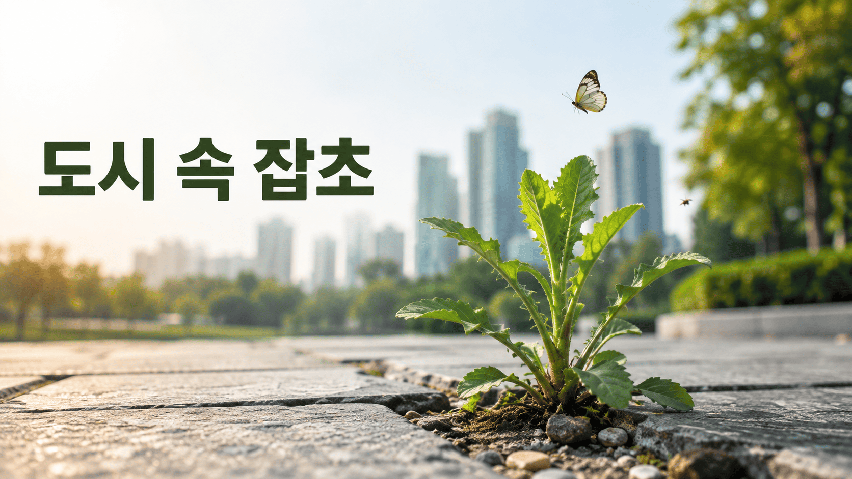 아스팔트 틈에서 초록색 잡초가 자라고 뒤로 도시 풍경이 보이는 도시 생태계 대표 이미지.